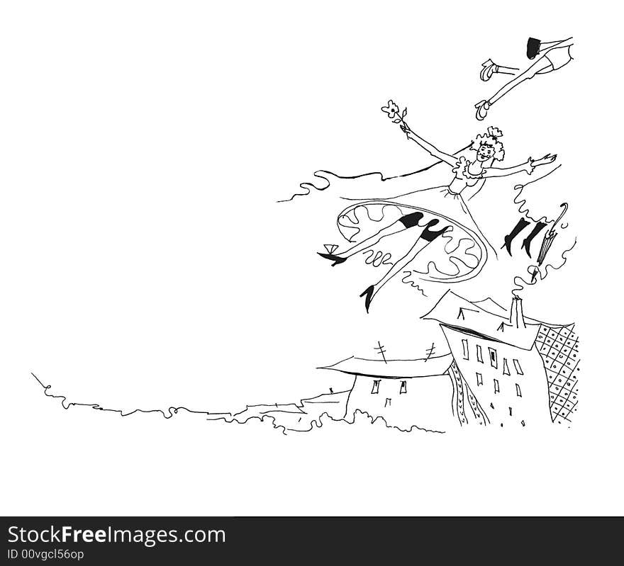 Dreams of a happy bride. Woman in wedding dress is flying over a city. Black ink.