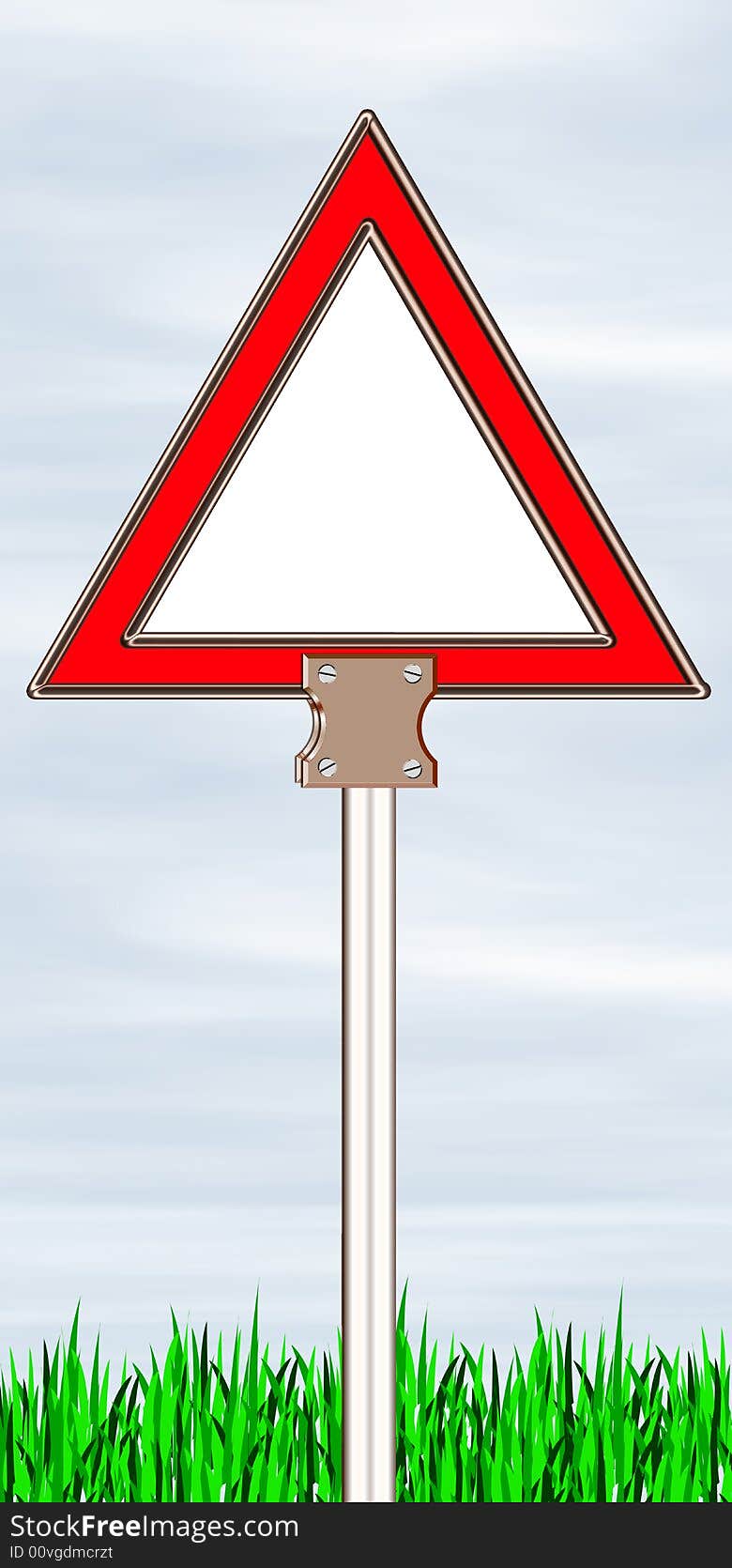 Warning triangle board with steel stand clipping light blue clouds & sky and grass background