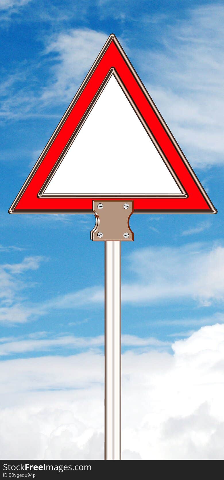 Warning triangle board with steel stand clipping light blue sky and clouds background