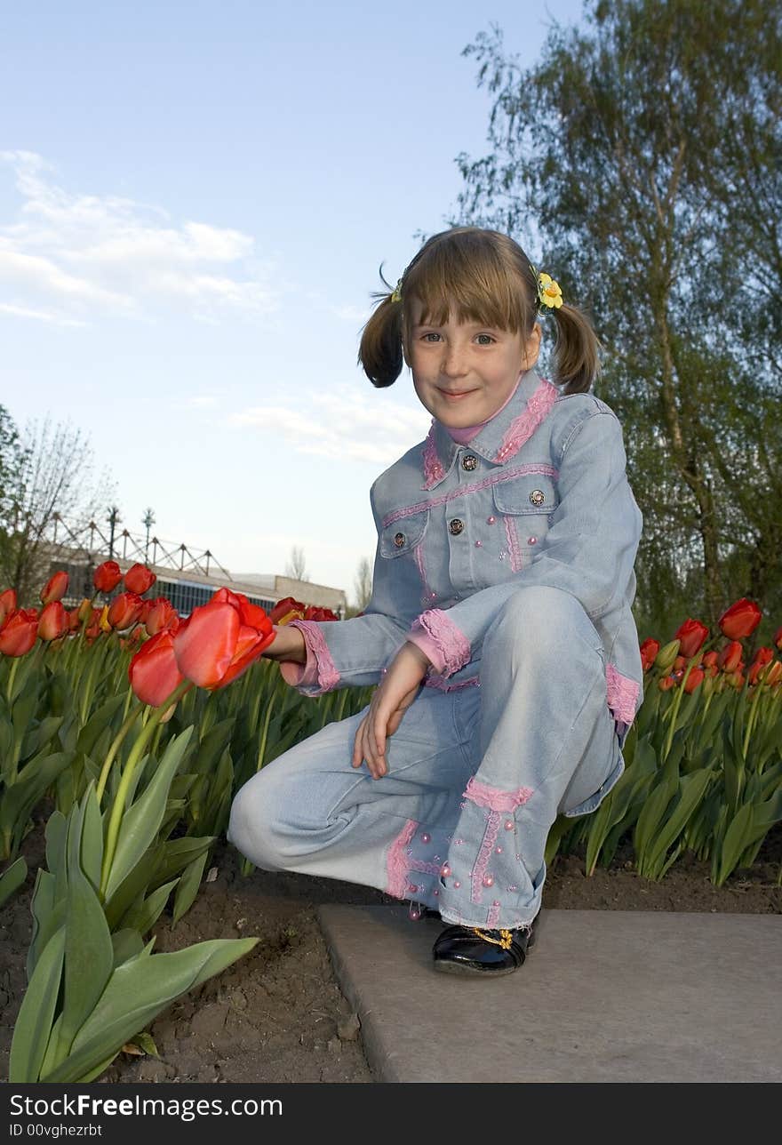 The girl in a blue suit plays near tulips. The girl in a blue suit plays near tulips