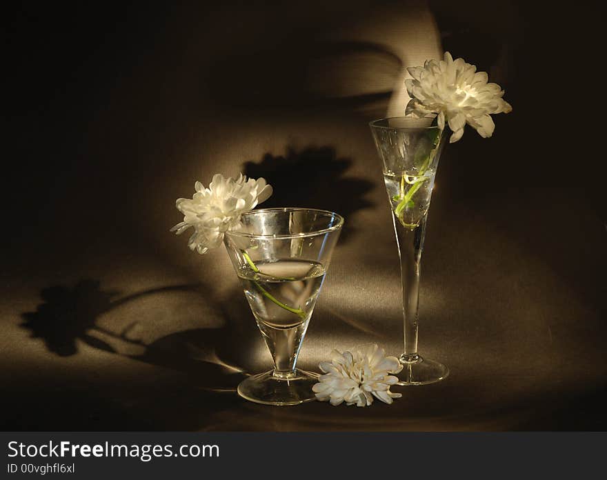 Two glasses and flower on  black background