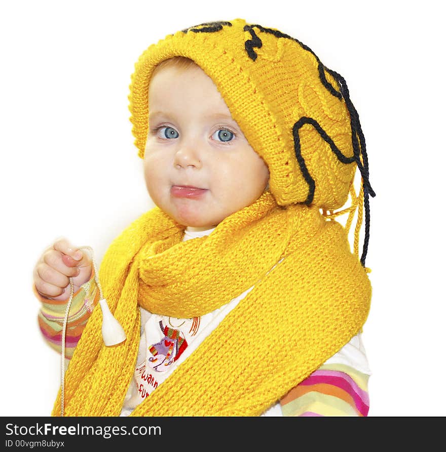 Beauty little girl, yellow cap and scarf. Beauty little girl, yellow cap and scarf