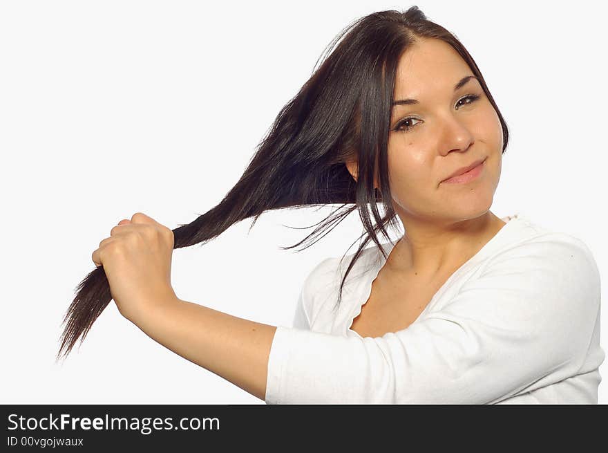 Woman with strong hair on white background. Woman with strong hair on white background