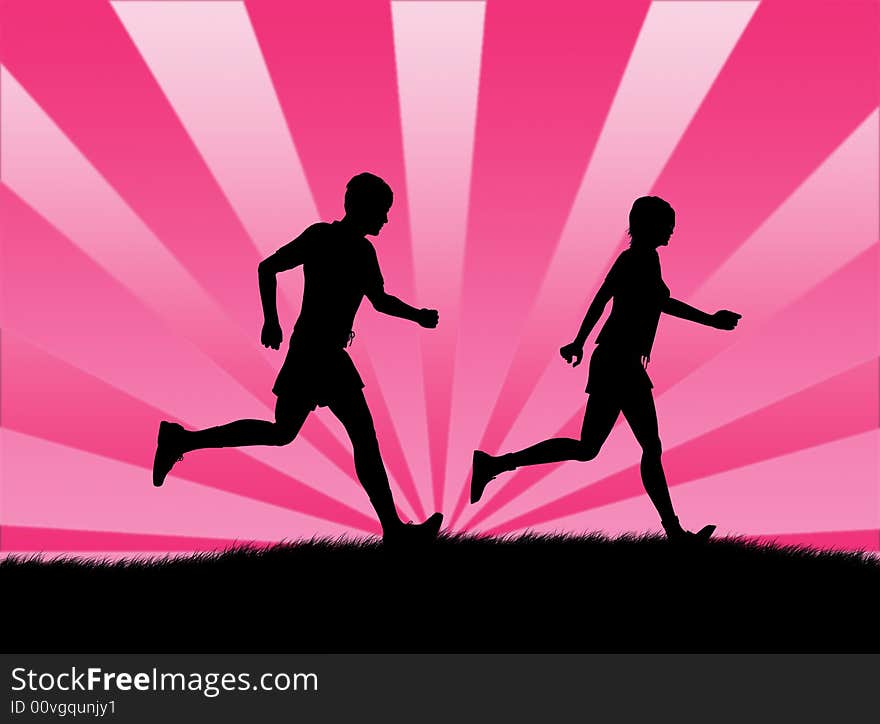 Man and woman jogging in the sun-burst. Man and woman jogging in the sun-burst