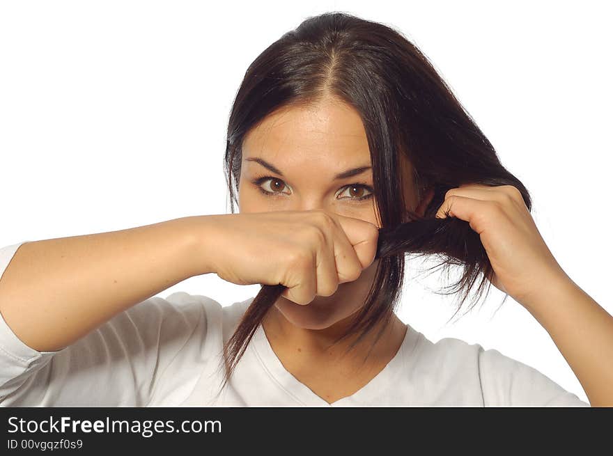 Woman with strong hair on white background. Woman with strong hair on white background