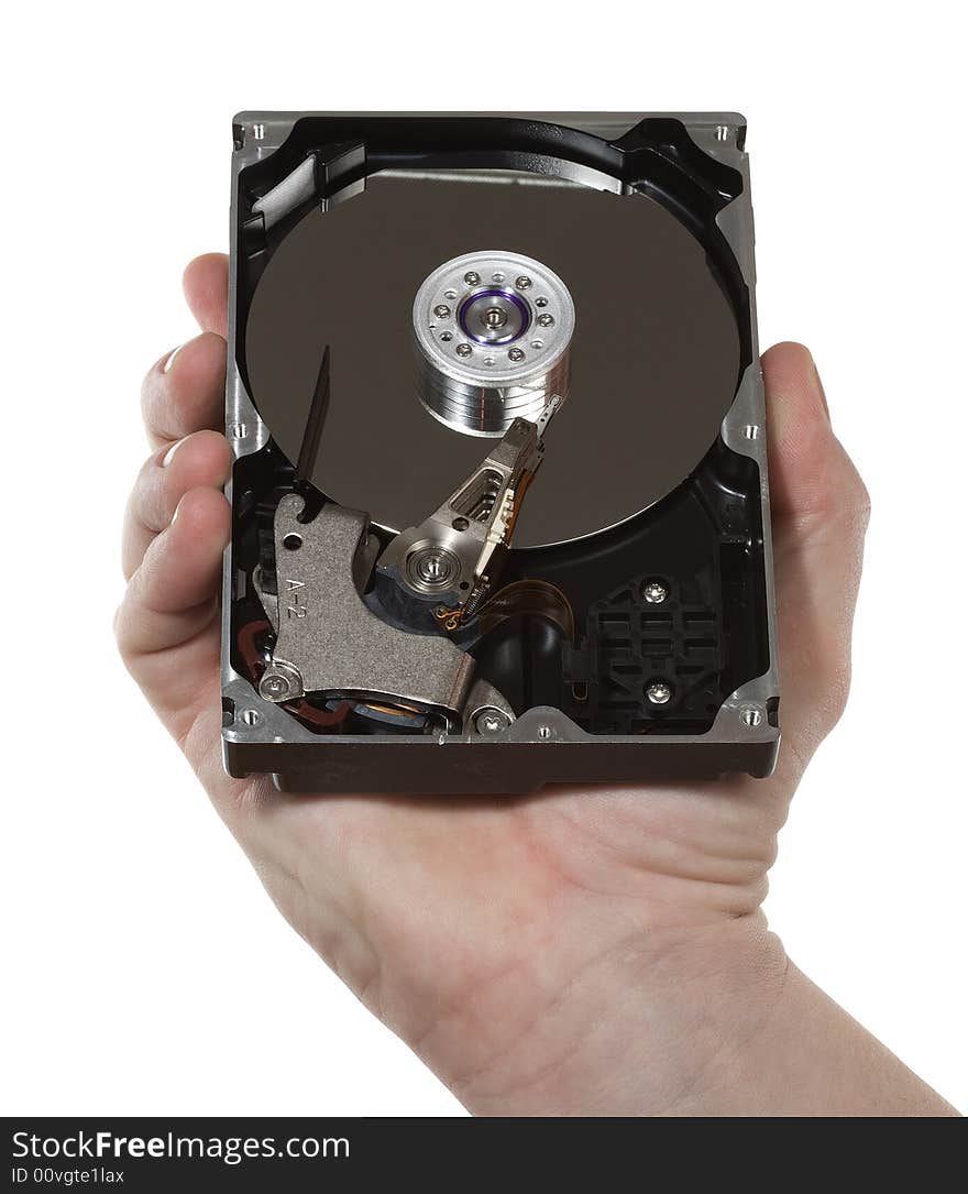 Hard disk in hand.  Isolated on white [with clipping path]. Hard disk in hand.  Isolated on white [with clipping path].