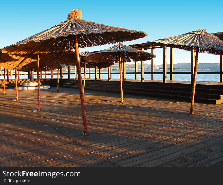 Reed umbrellas on the beach