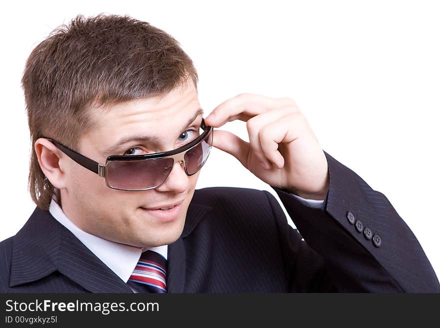 Funny guy looking out of his glasses and laugher. Funny guy looking out of his glasses and laugher