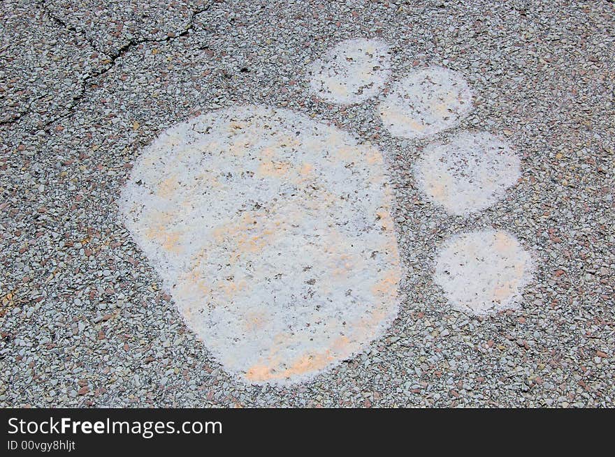 This paw print was painted on the cracking road and is fading away. This paw print was painted on the cracking road and is fading away.