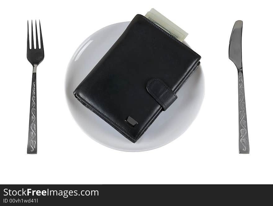 Wallet with money on the plate, isolated on white. Concept - money instead of food. Wallet with money on the plate, isolated on white. Concept - money instead of food.