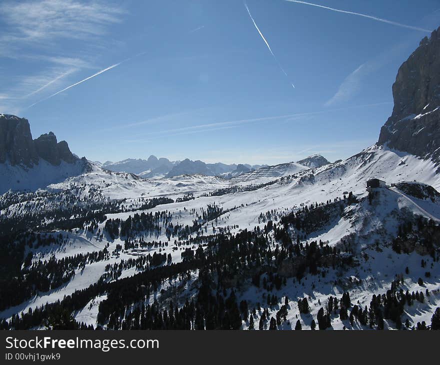 View of Sella pass in the dolomites. View of Sella pass in the dolomites