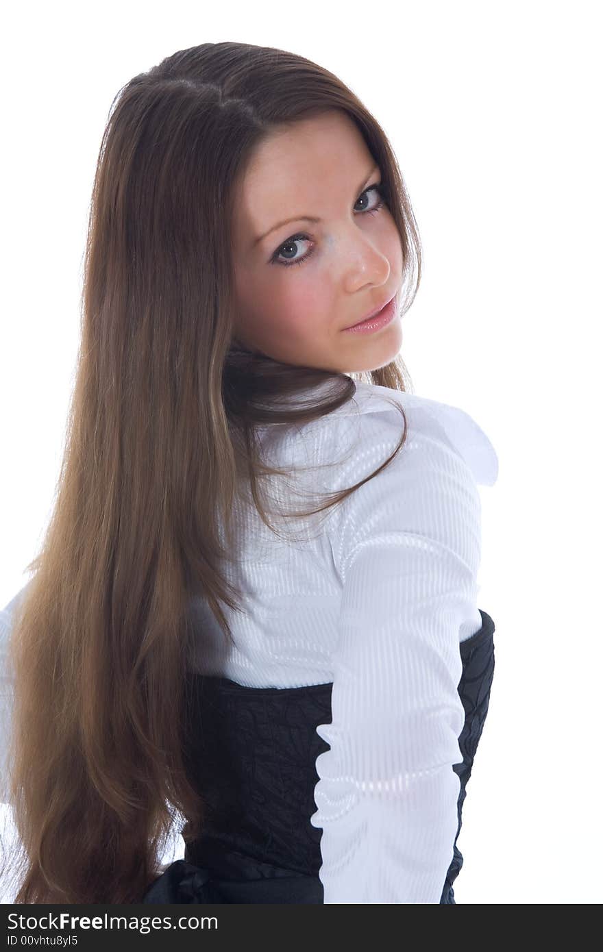 Portrait of the brunette with blue eye on white background