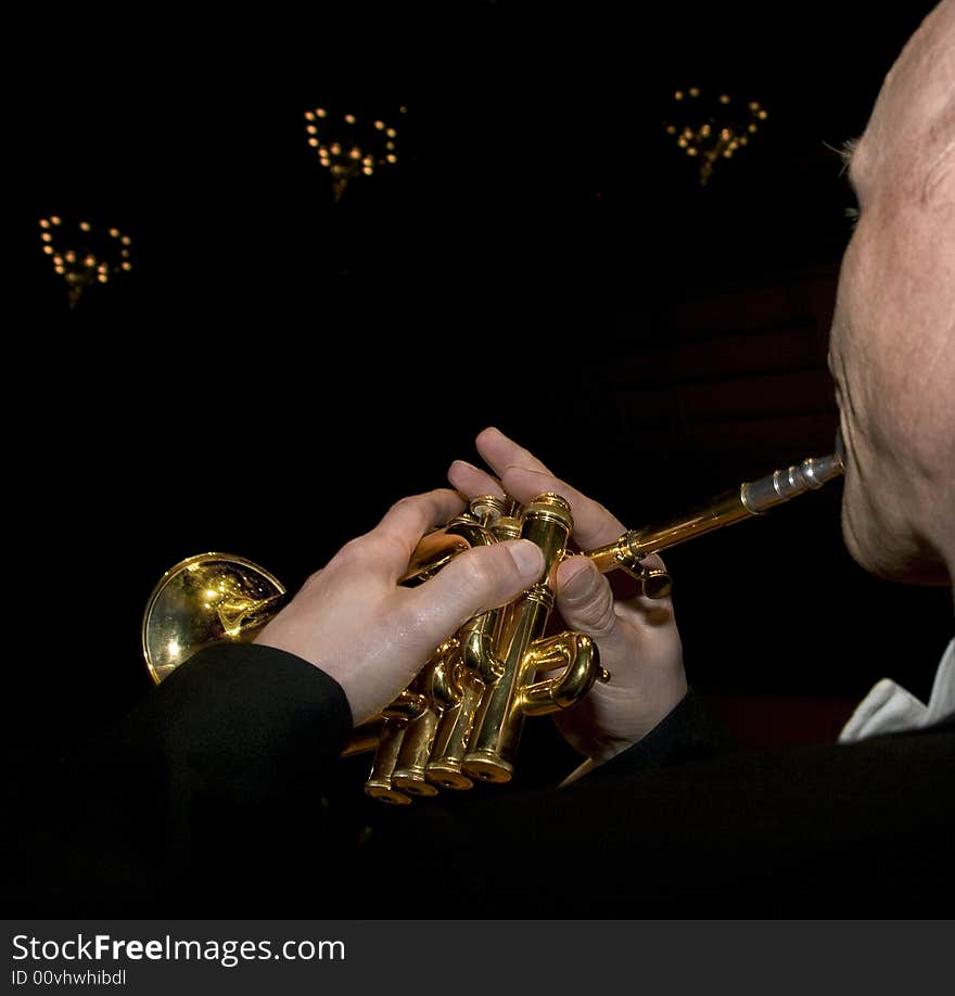 Musician playing the piccolo trumpet in a concert. Musician playing the piccolo trumpet in a concert