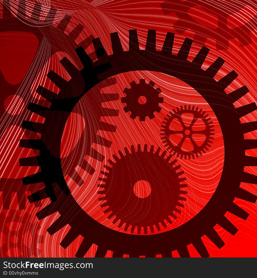 Cogwheel shapes and white twisting lines on red. Cogwheel shapes and white twisting lines on red