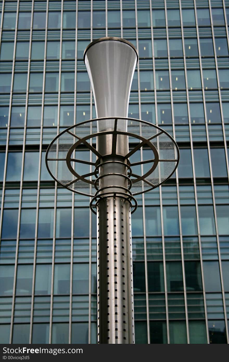 Steel outdoor light in front of office building