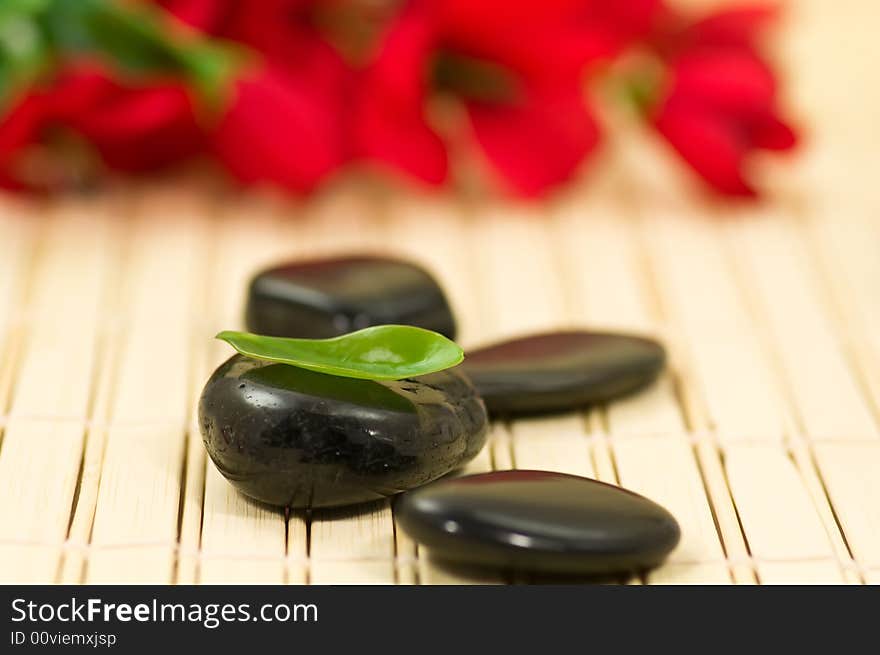 Therapy stones and red flower on bamboo, focus on green leaf