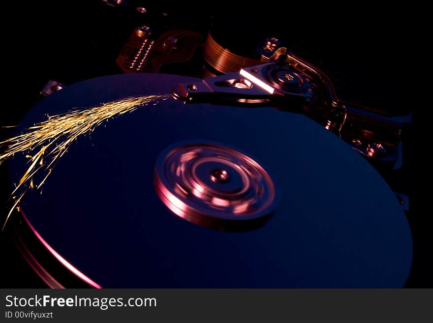 Hard disk drive with sparks. Hard disk drive with sparks