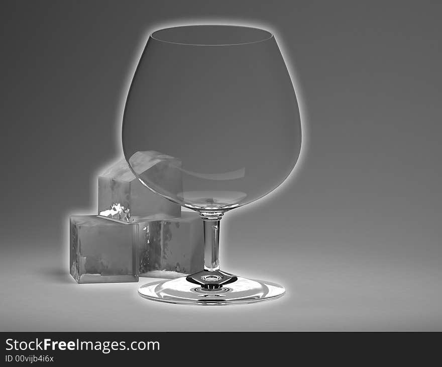 Empty glass with ice on grey background