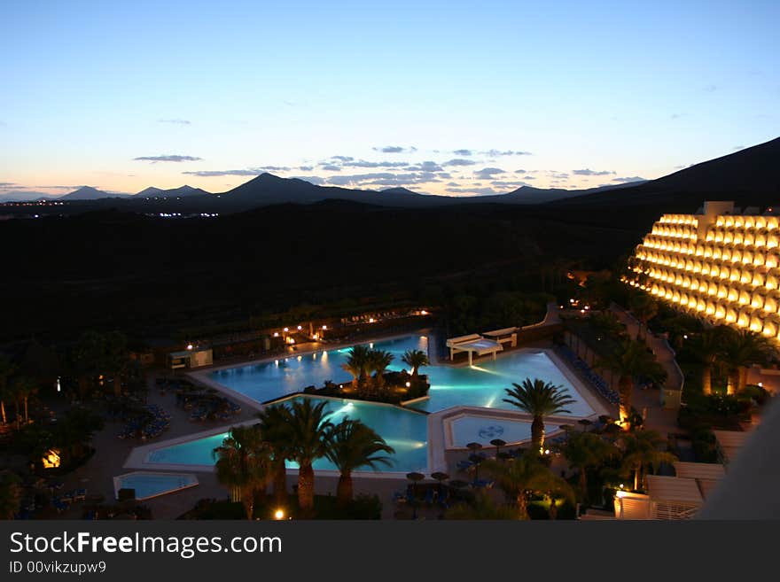 SPA resort with a pool in the night. SPA resort with a pool in the night