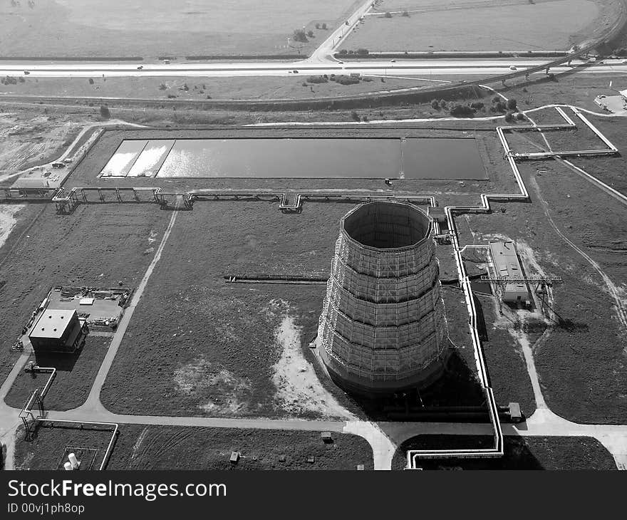 Aerial view of a power plant, black and white