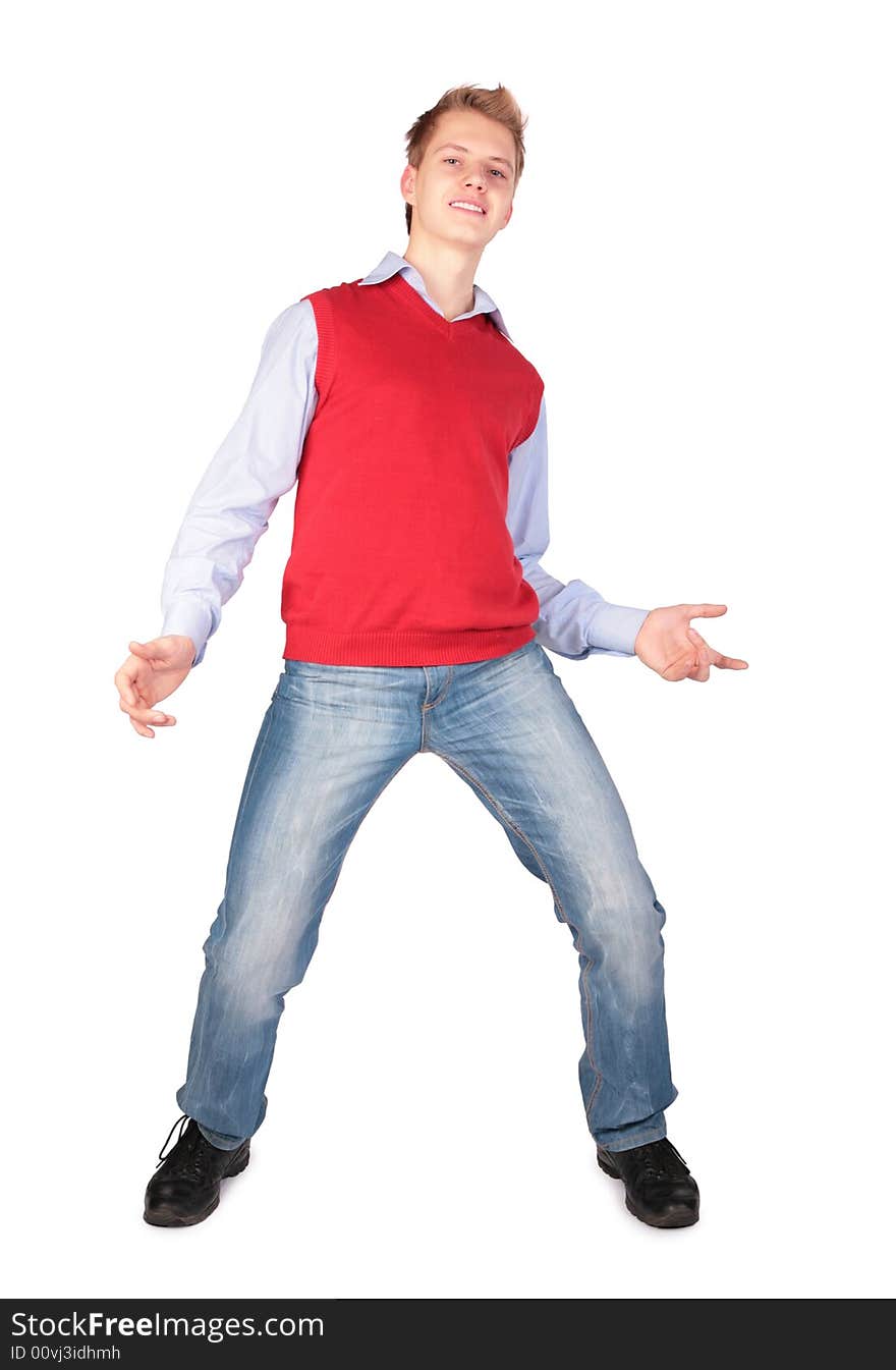 Boy in red jacket dancing