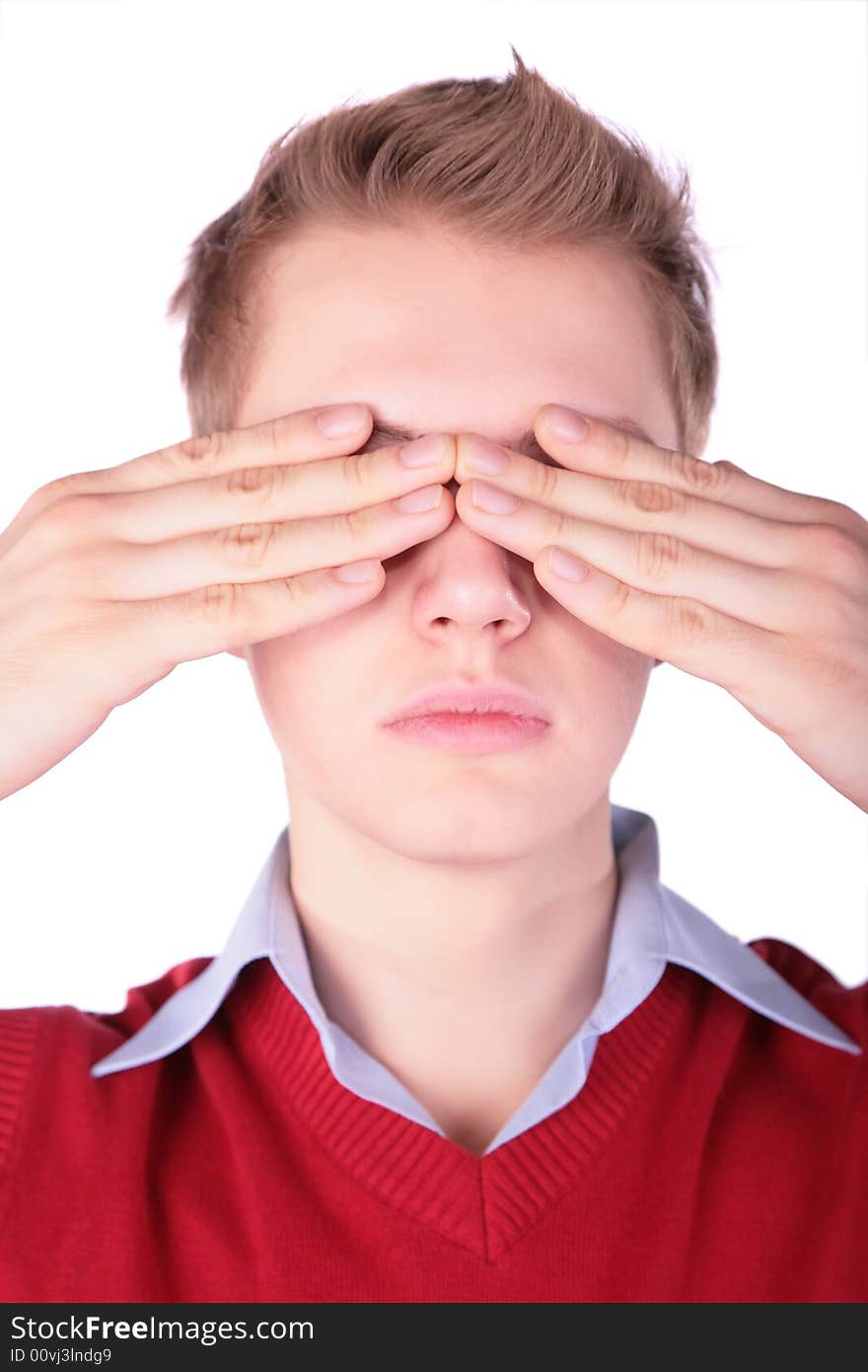 Boy in red jacket close eyes on a white