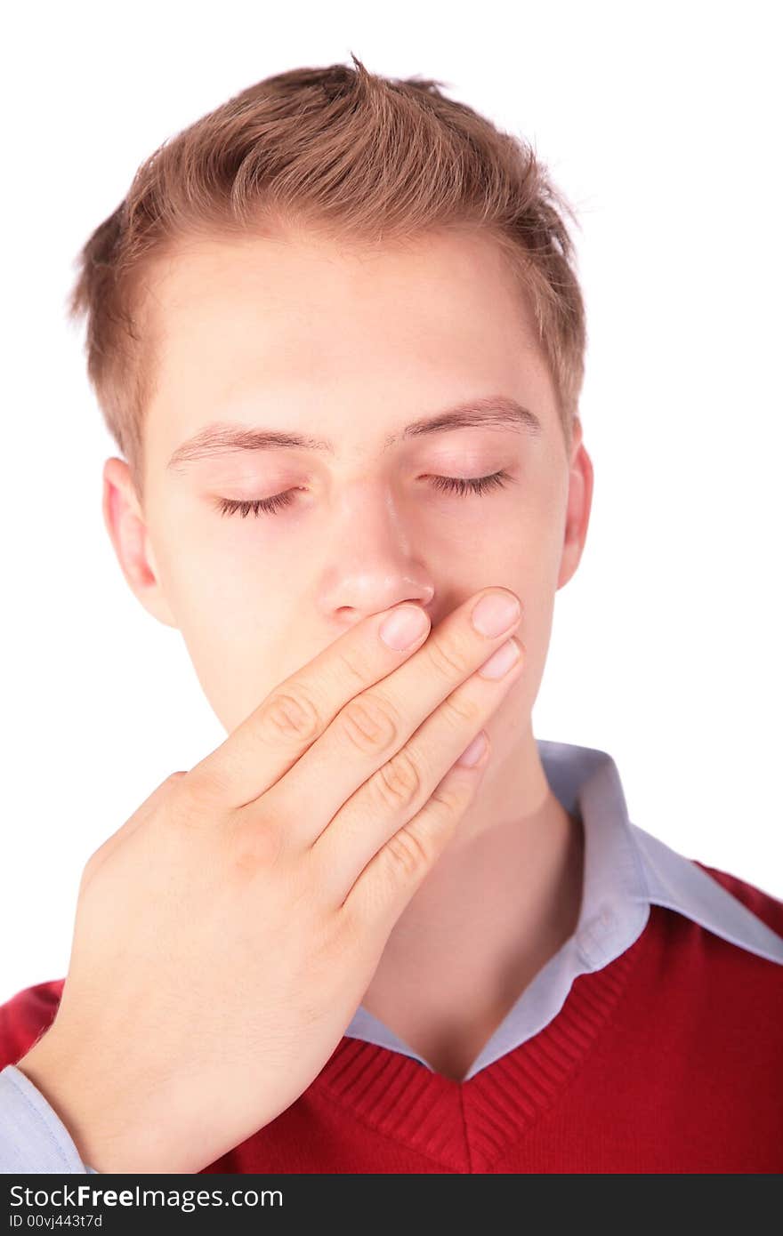 Boy in red jacket hide mouth on a white