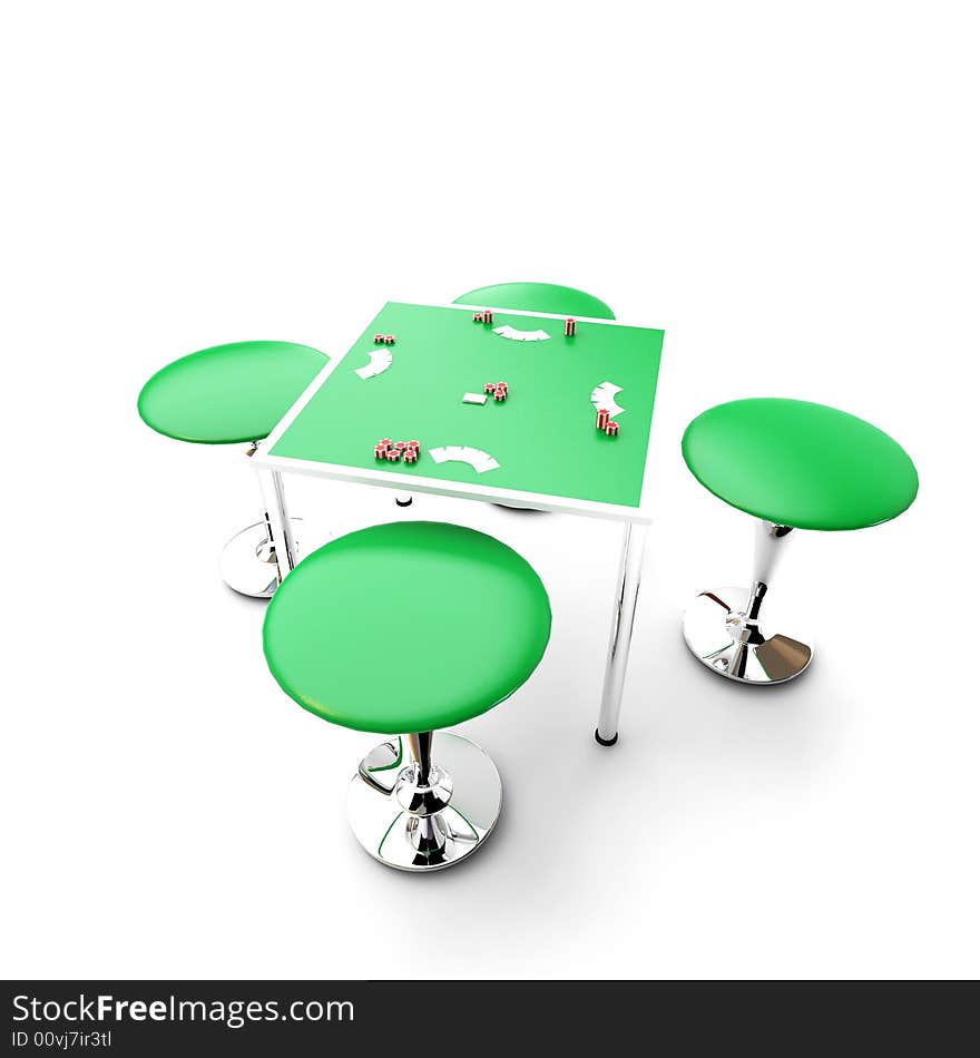 Isolated 3d image of a poker table (with cards and clips)