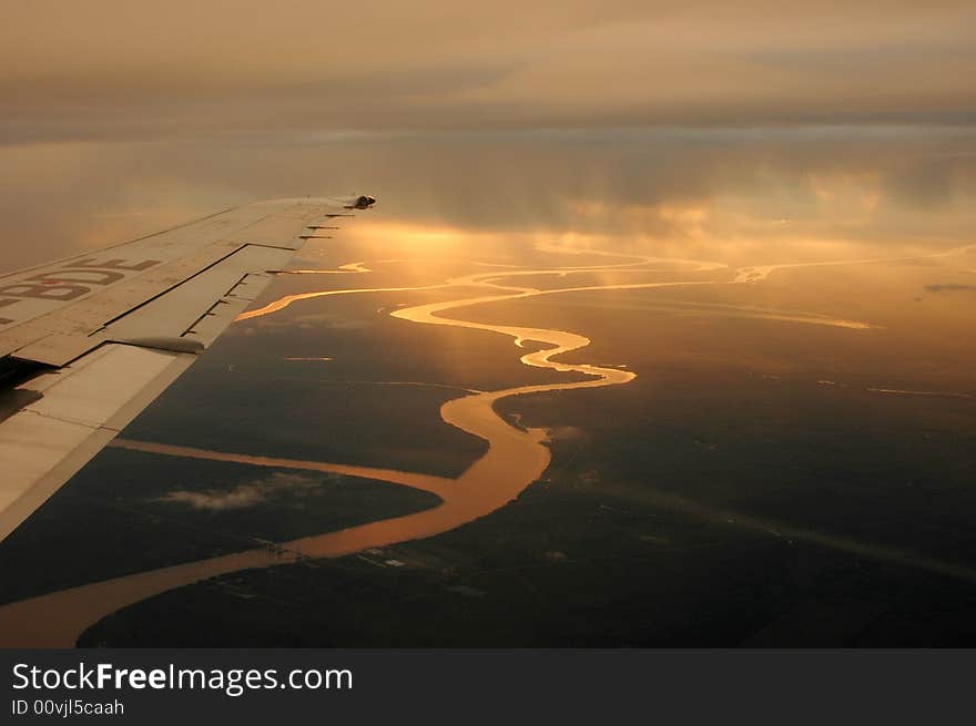 The Lujan river reflecting the sun light from a plane. The Lujan river reflecting the sun light from a plane