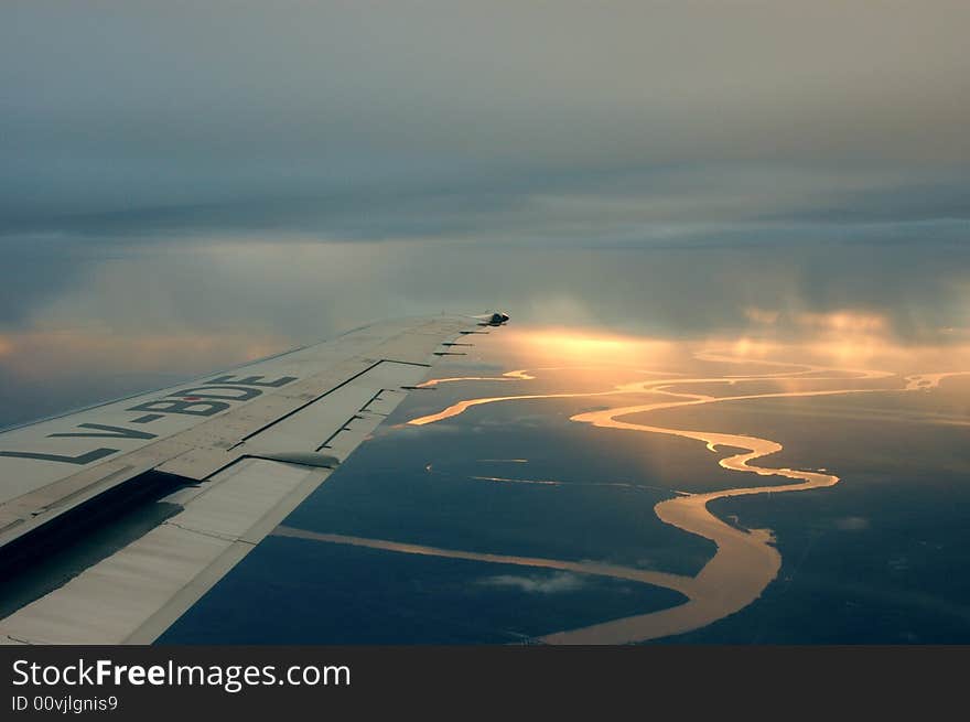 The Lujan river reflecting the sun light from a plane. The Lujan river reflecting the sun light from a plane