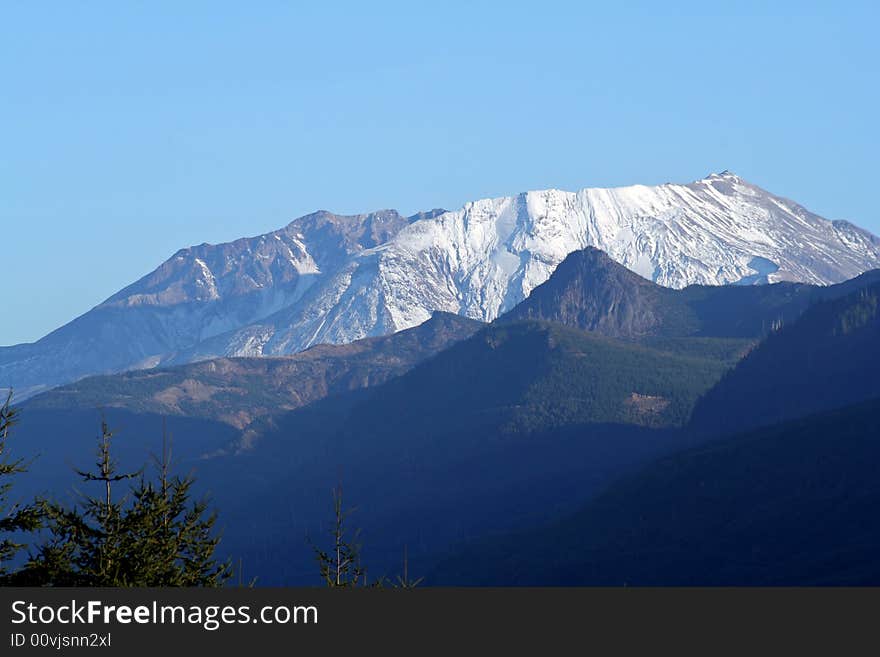 Clear blue sky, Mt. St. Helens in the summer, most of snow melted, dark blue foothills, tree in foreground. Clear blue sky, Mt. St. Helens in the summer, most of snow melted, dark blue foothills, tree in foreground