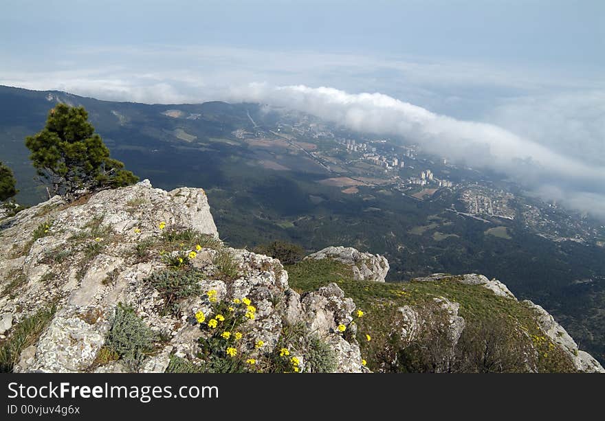 Rock monolith with tree. Mountain landscape.