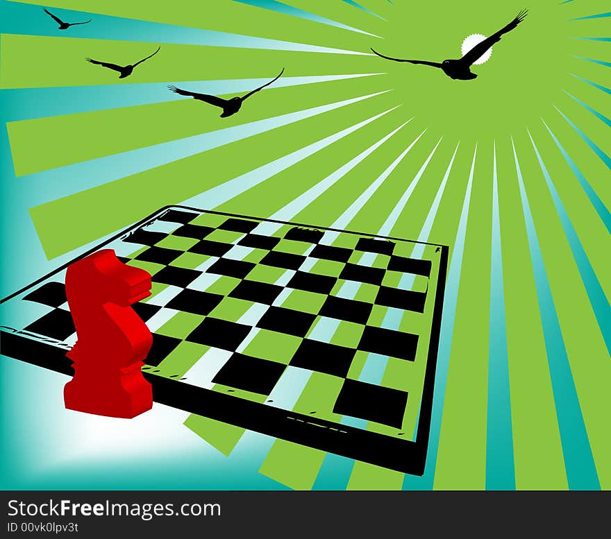 Abstract colored illustration with red chess knight, chess table and birds