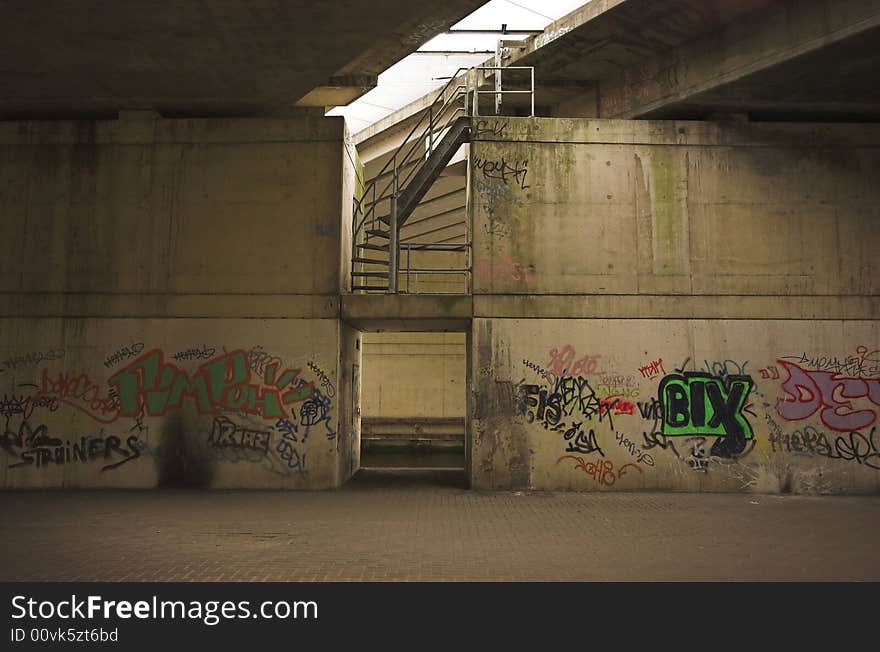 Graffiti under a highway bridge,