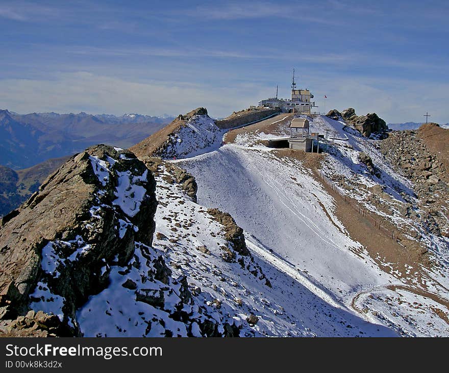 Scientifically research station highly in snow Alpine mountains. Scientifically research station highly in snow Alpine mountains