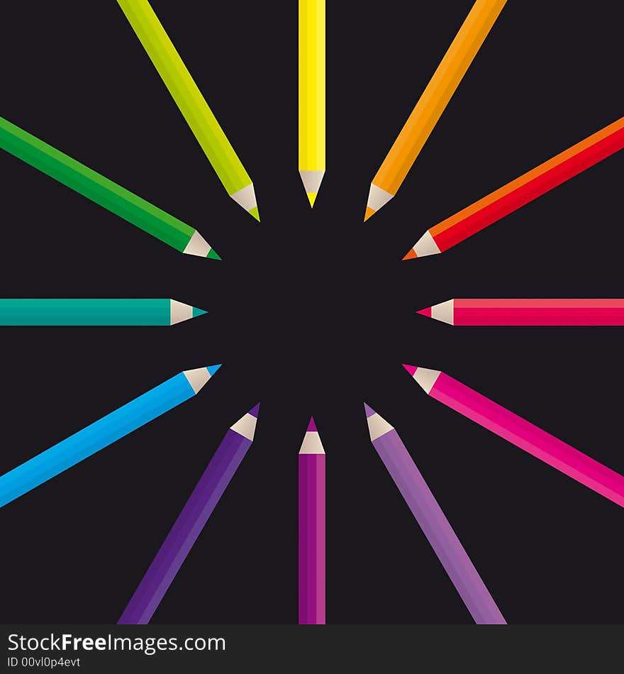 Vector illustration of colored pencils on a black background. Vector illustration of colored pencils on a black background.