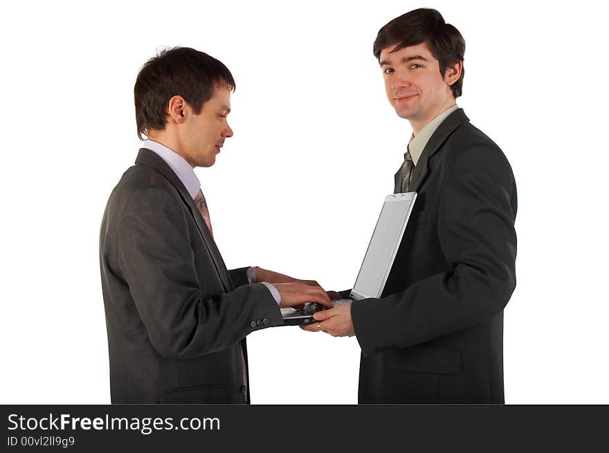 Two young businessmen working isolated on white