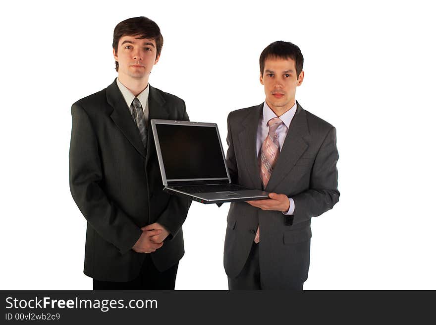 Two young businessmen show laptop isolated on white 3. Two young businessmen show laptop isolated on white 3