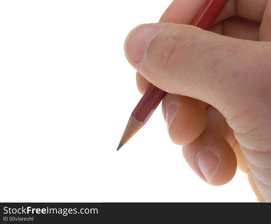 Male hand gripping red pencil on white background. Male hand gripping red pencil on white background