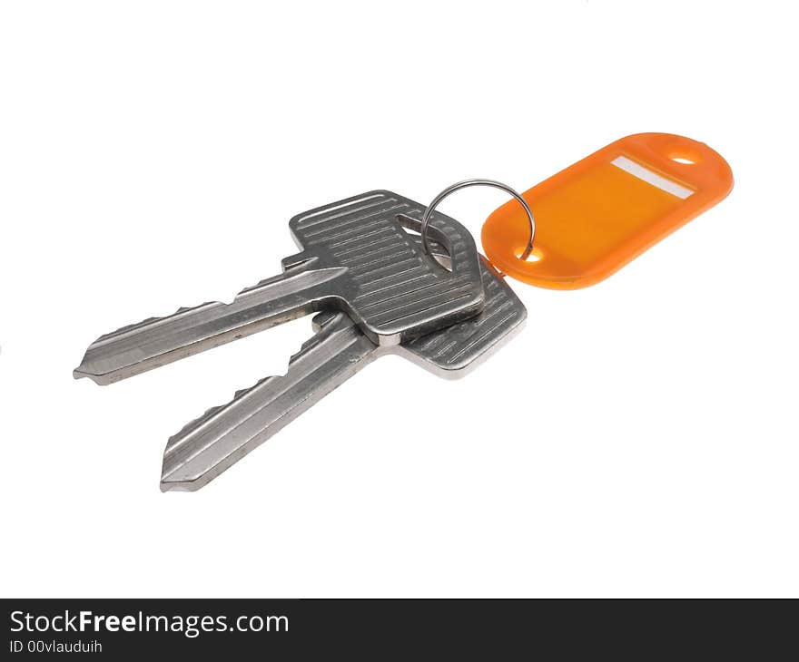 Two keys with orange keyring  on white background