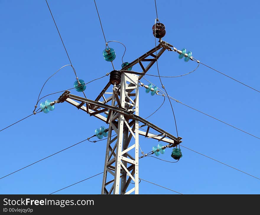 Telegraph pole in intersection of wires on sky background. Telegraph pole in intersection of wires on sky background