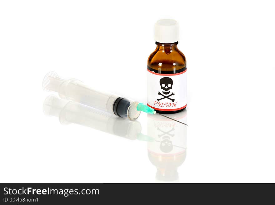 Injection and poison bottle on white background