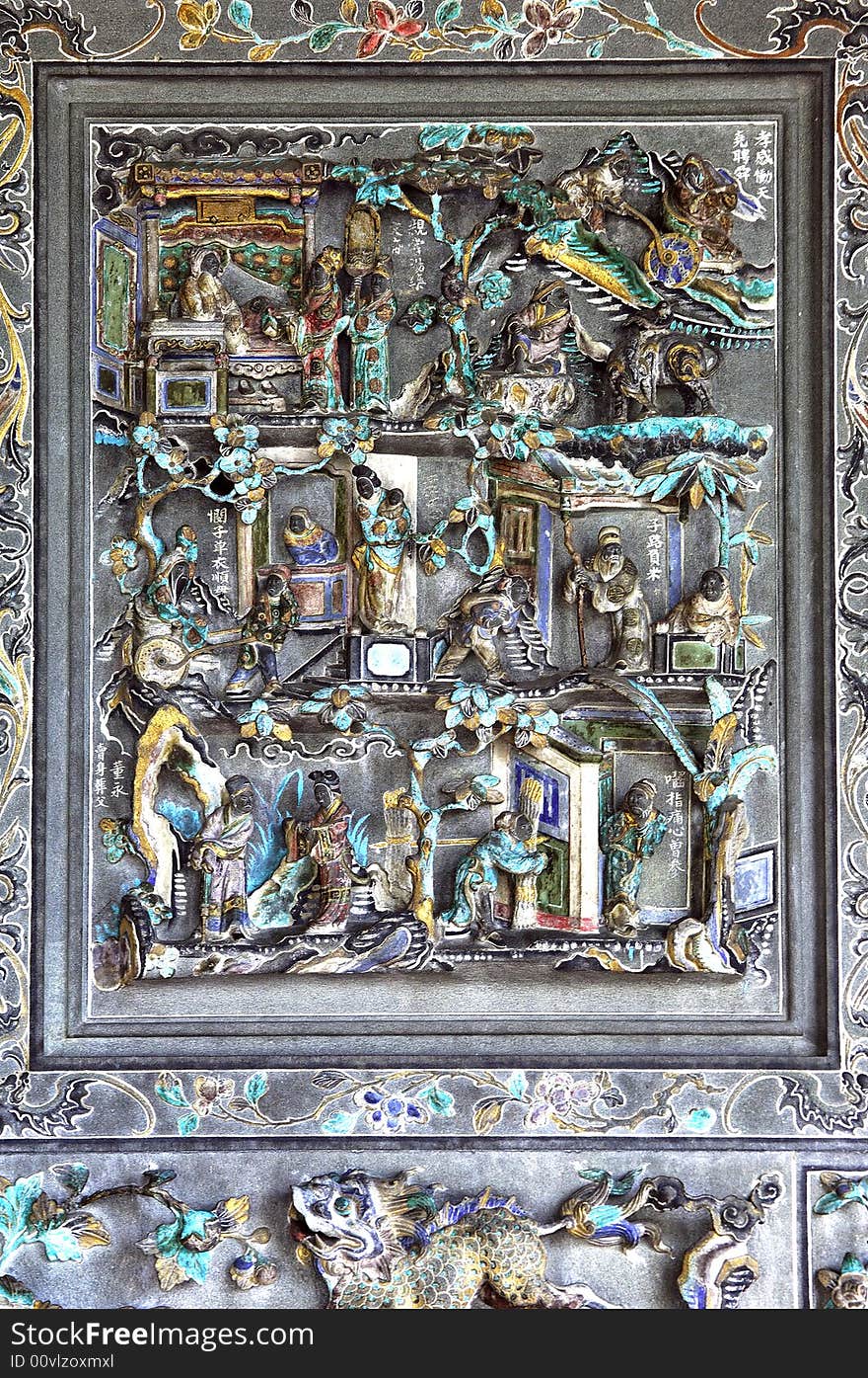 Malaysia, Penang: leong san tong khoo kongsi chinese family temple and clan hall; this image is a detail of the walls decoration ;. Malaysia, Penang: leong san tong khoo kongsi chinese family temple and clan hall; this image is a detail of the walls decoration ;