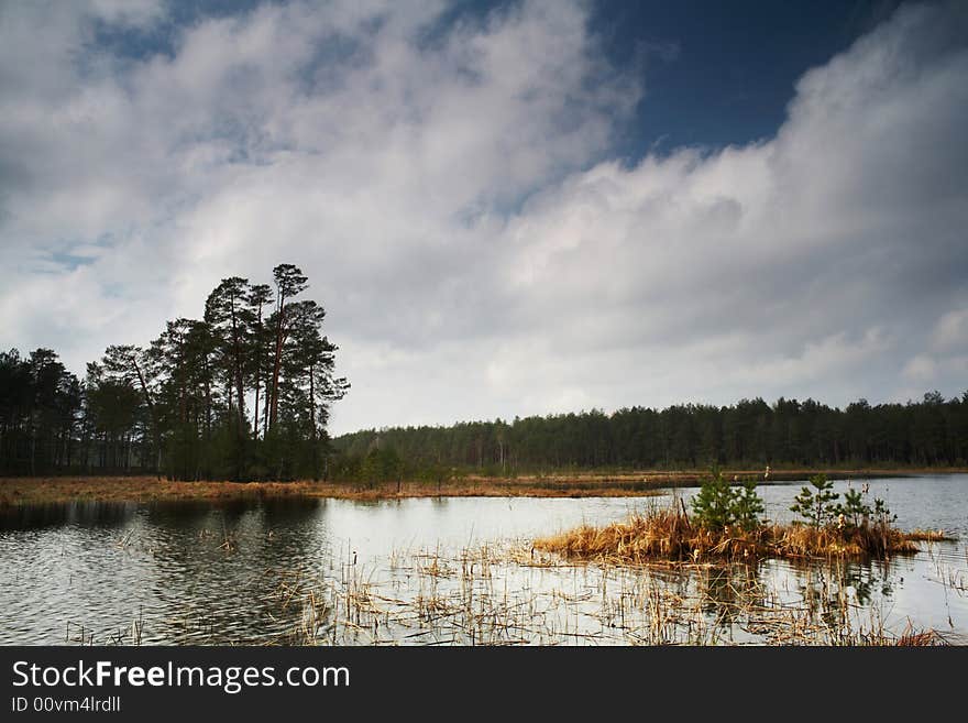 A lake with grass and dark-blue sky. A lake with grass and dark-blue sky