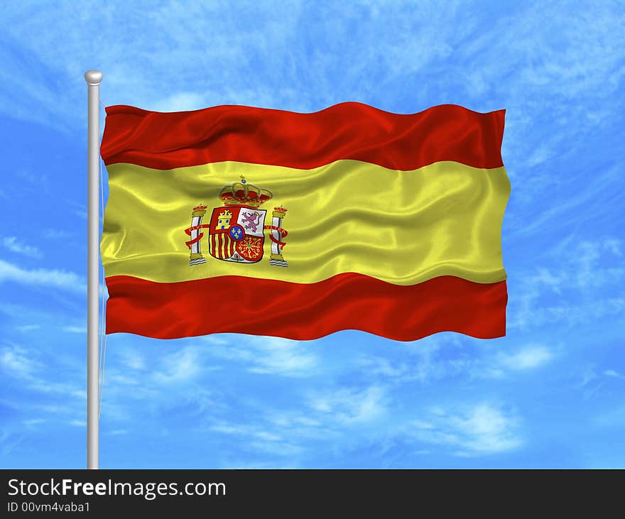 Illustration of waving Spanish Flag on blue sky. Illustration of waving Spanish Flag on blue sky