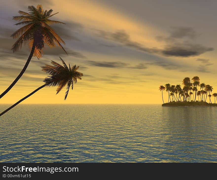 Sunset coconut palm trees on small island - 3d illustration.