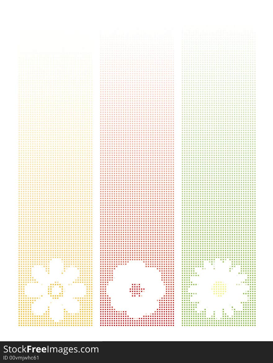 Illustration of three colored banners with flowers. Illustration of three colored banners with flowers