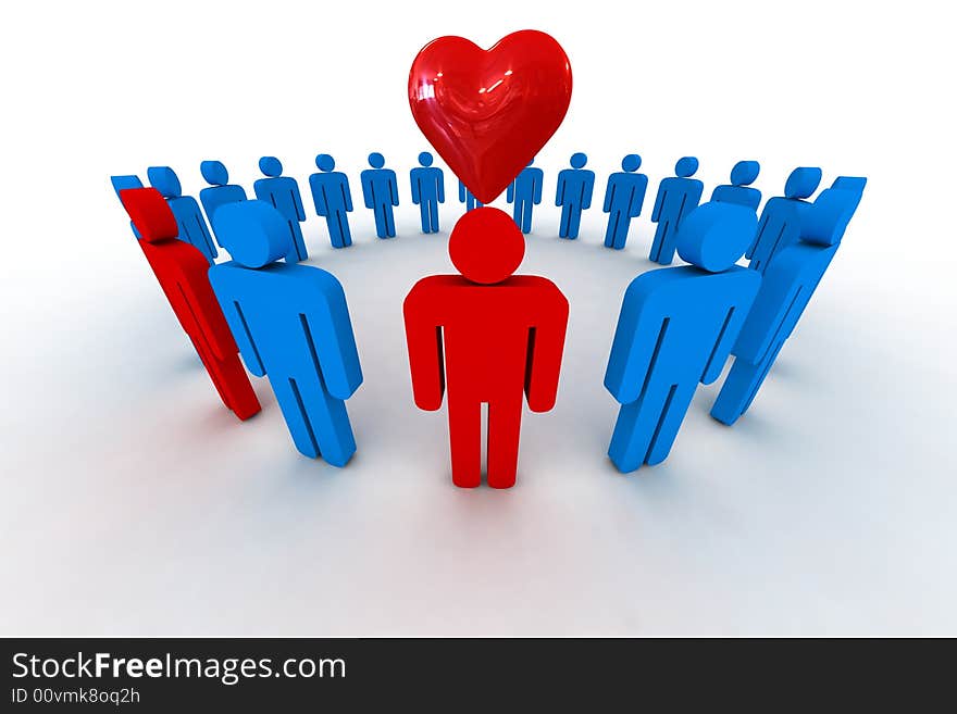 People in circle with red heart symbol - 3d illustration. People in circle with red heart symbol - 3d illustration