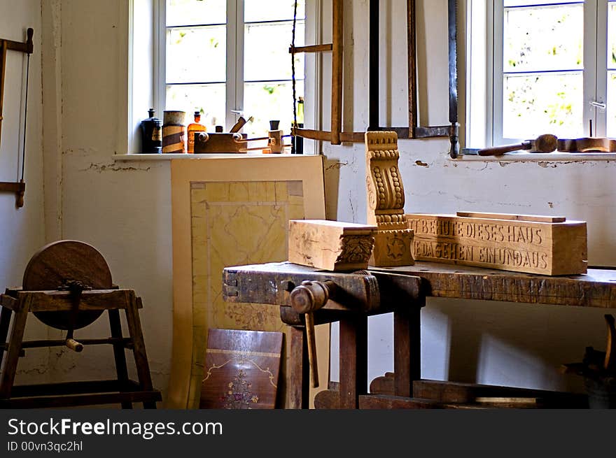 Old room with tools for making wooden things. Old room with tools for making wooden things