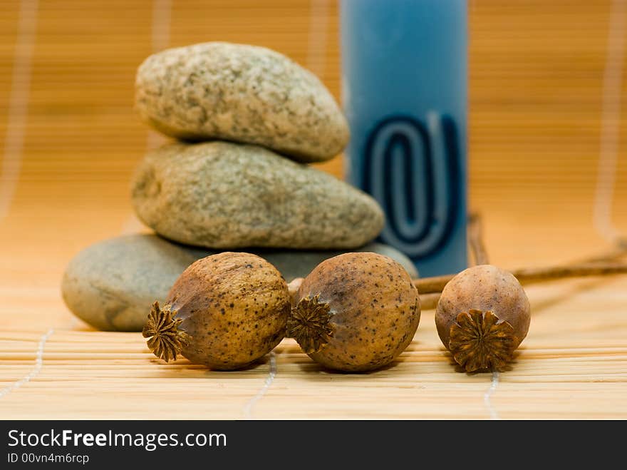 Still life with nut and round stone